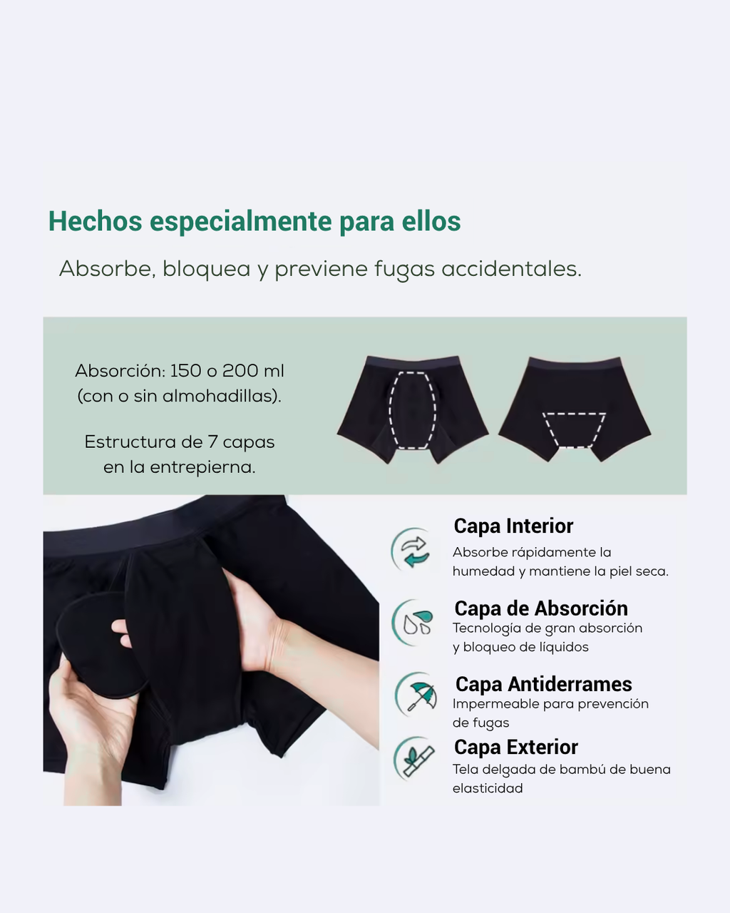 Bóxer absorbente masculino Clásico 200 - detalle capas absorbentes | emes