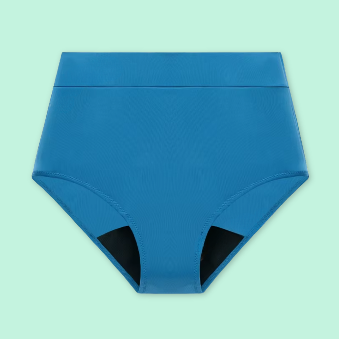 Bikini menstrual absorbente tiro alto azul | emes

