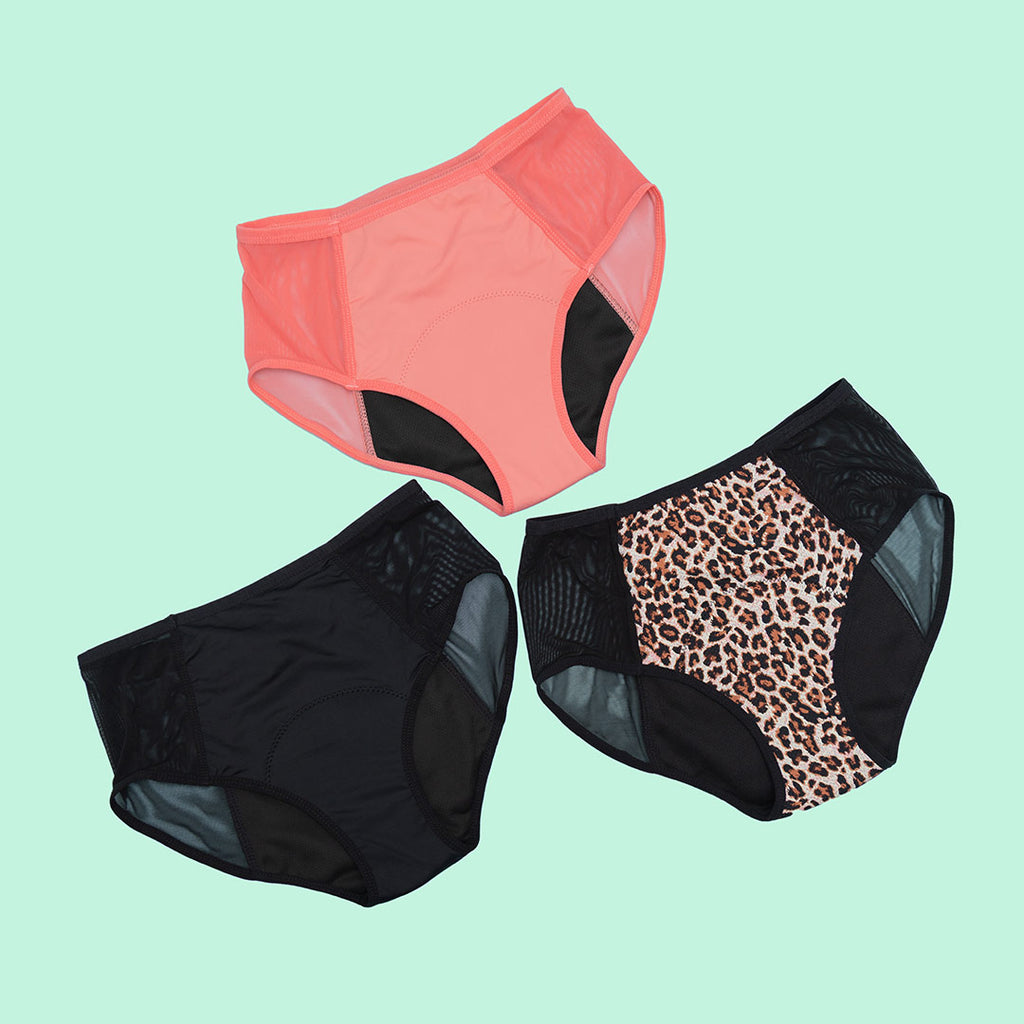 Bombacha menstrual Clásica Colores Negro, Coral, Animal Print, emes