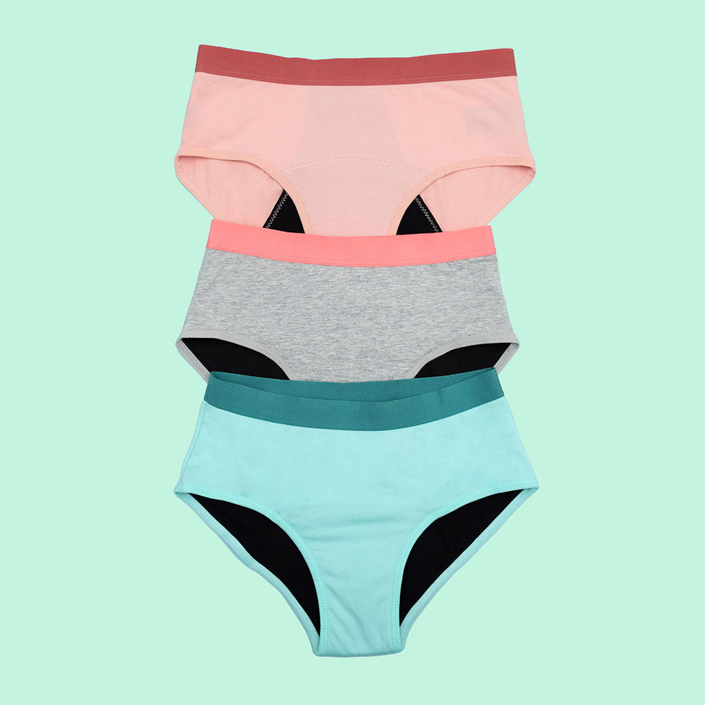Bombacha menstrual absorbente para niñas y adolescentes - colores gris, rosa claro y verde claro | emes