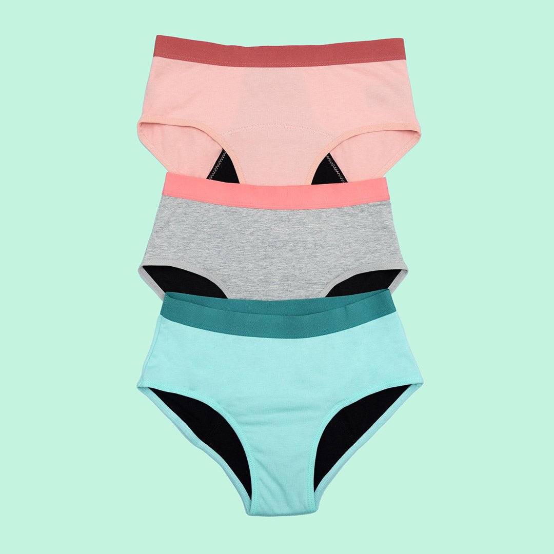 Bombacha menstrual absorbente para niñas y adolescentes - colores gris, rosa claro y verde claro | emes
